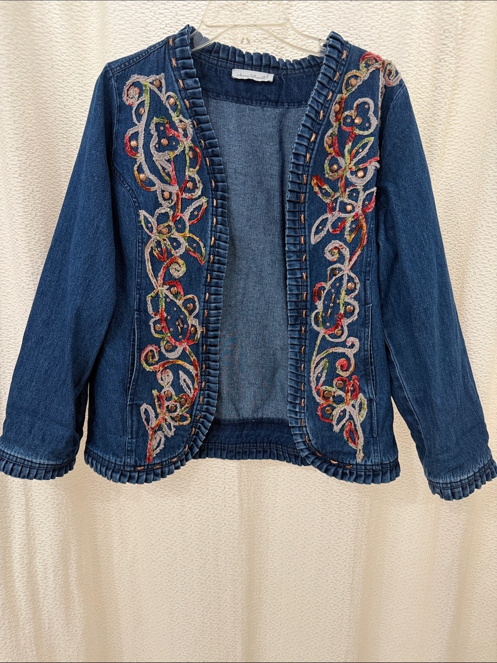 Embellished Dark Denim Open Front Jacket - Multicolor  Appliqué Work